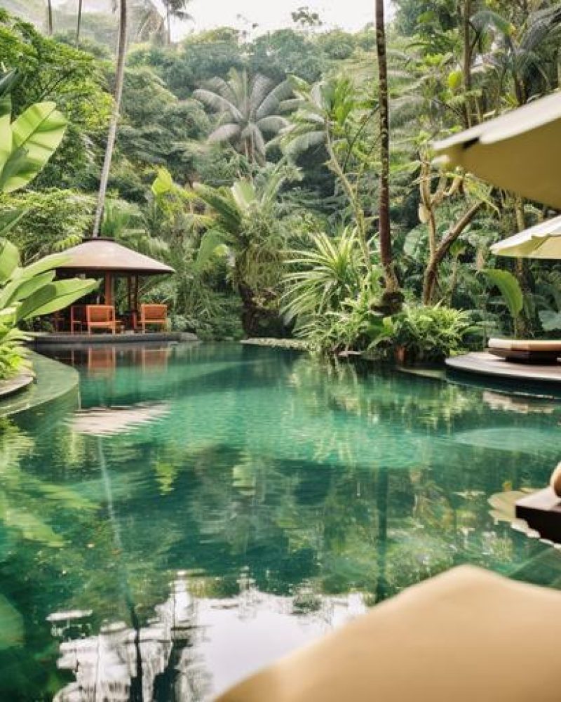 Exotic oasis in bali, a tropical swimming pool, nestled amidst the breathtaking scenery of indonesia's enchanting island, beautiful art of generative ai