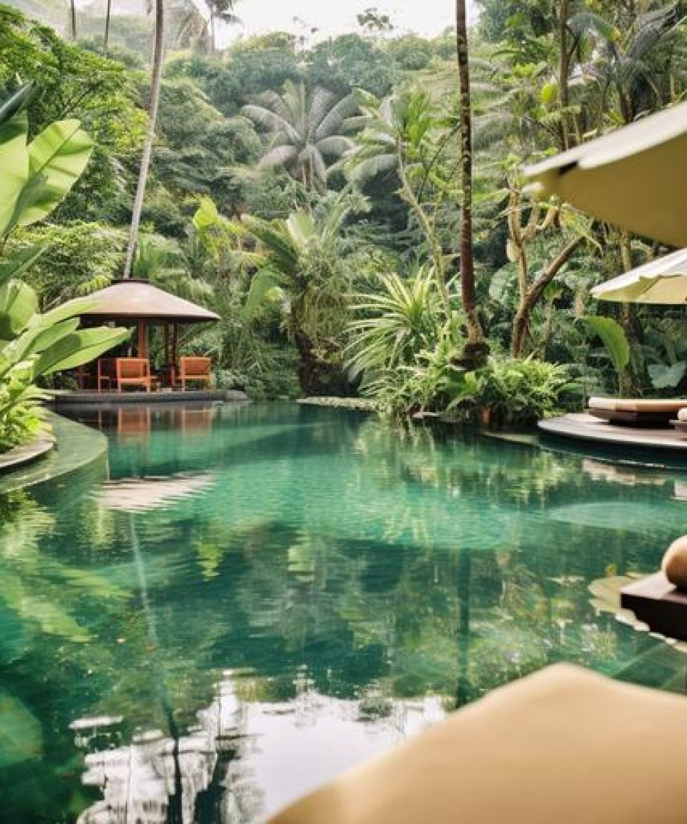 Exotic oasis in bali, a tropical swimming pool, nestled amidst the breathtaking scenery of indonesia's enchanting island, beautiful art of generative ai