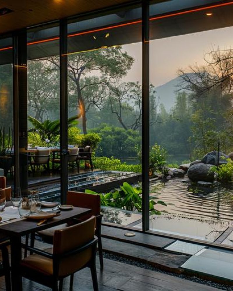 A sleek dining area with glass panels overlooking a tranquil garden, offering guests a serene backdrop for their modern dining experience.