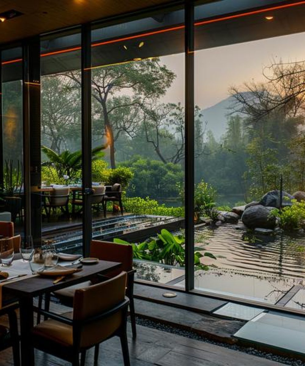 A sleek dining area with glass panels overlooking a tranquil garden, offering guests a serene backdrop for their modern dining experience.