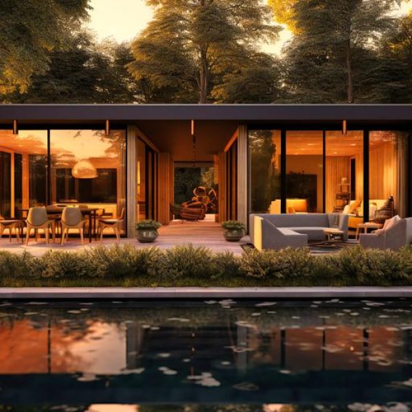 a rear porch with doors open to pool and grill